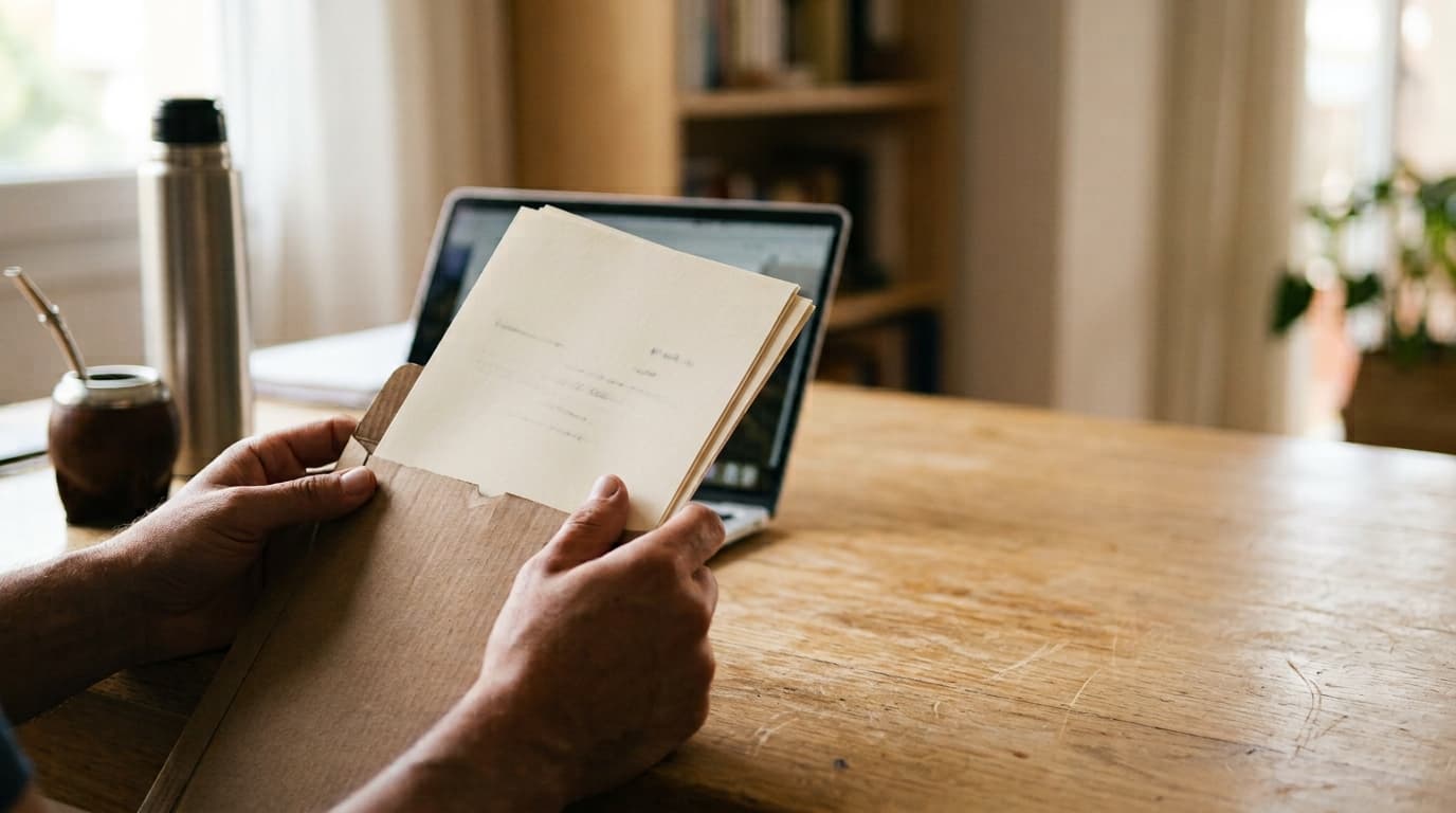 Manos guardando documentos en un sobre de mensajería junto a un mate y un termo