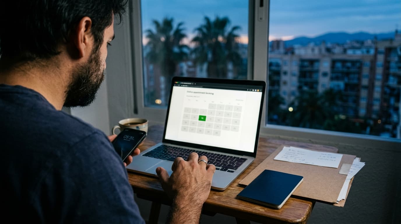 Hombre reservando una cita online en un portátil al amanecer, con un calendario en pantalla