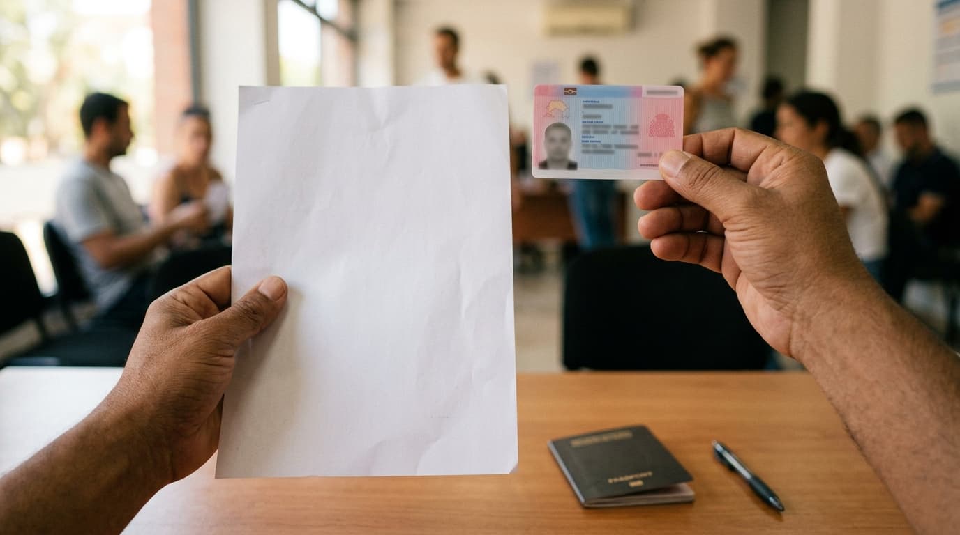 Dos manos comparan una hoja de papel y una tarjeta de plástico