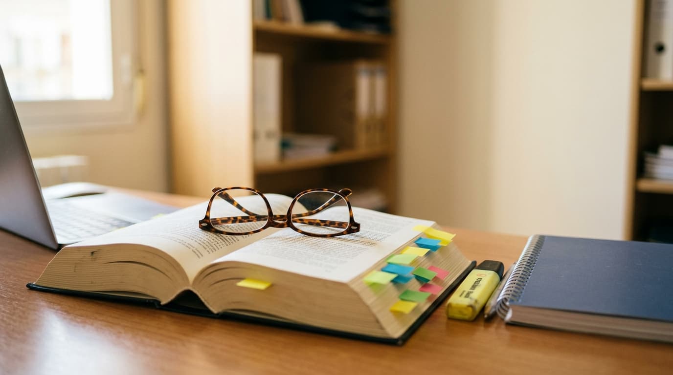 Código legal abierto con marcadores de colores y unas gafas sobre un escritorio