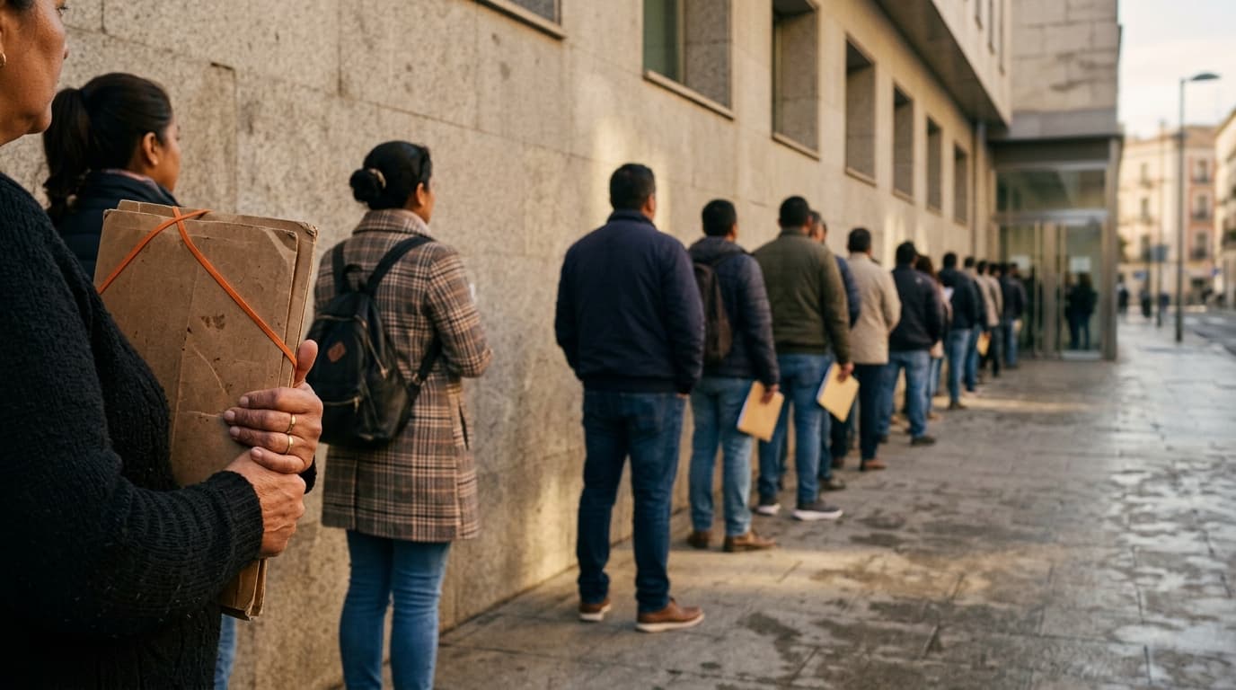 Cola de personas con carpetas de documentos esperando frente a un edificio público