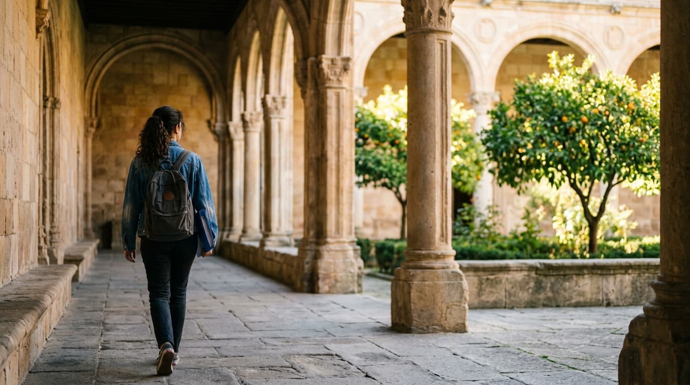 Estudiante con mochila y carpeta caminando por el claustro de una universidad española