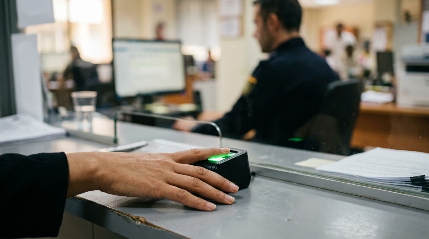 Una mano apoya el dedo en un lector de huellas en el mostrador de una comisaría