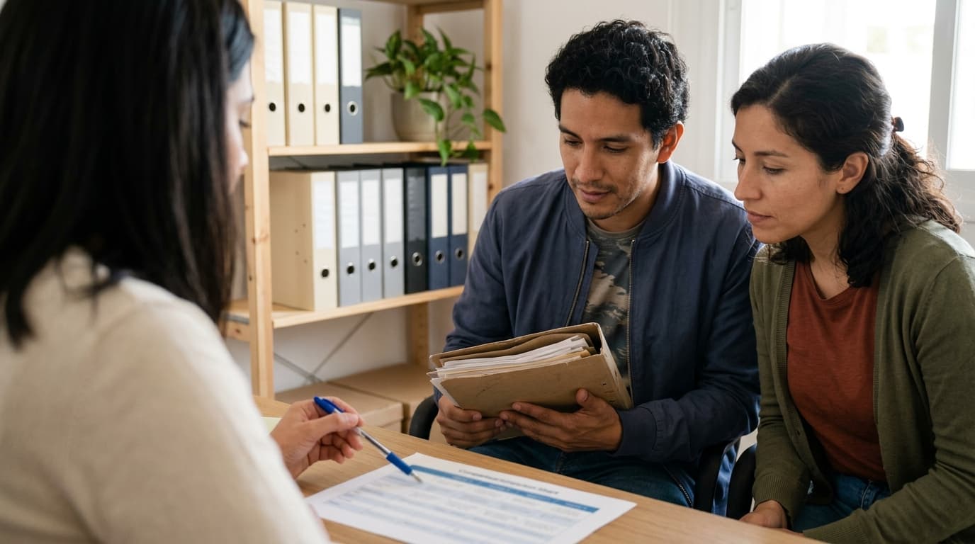 Una asesora explica una tabla comparativa a una pareja en una oficina